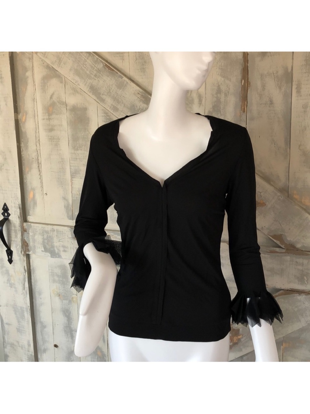 Tom K Nguyen flounce cuff stretch knit top black M